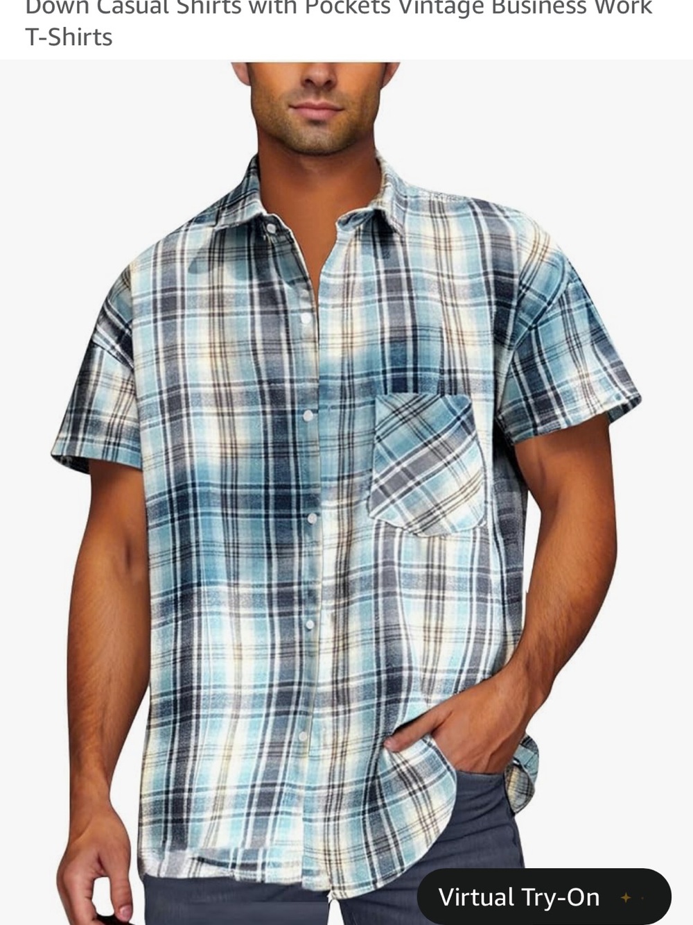 Amazon Men's Blue Plaid Short-Sleeve Button-Down Shirt